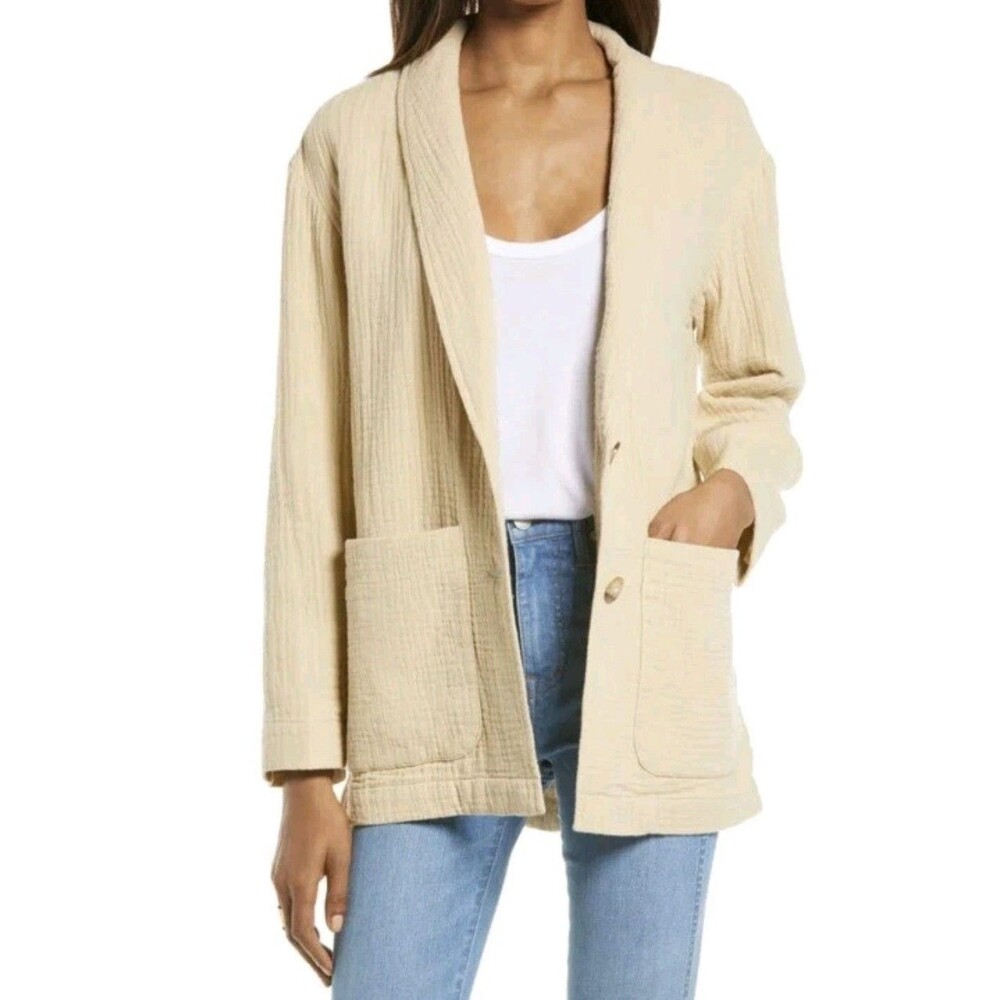 Madewell Women's  Oversized Lightspun Dorset Blazer Buttons Cotton Beige Size M